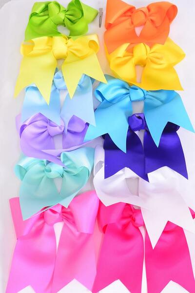 Hair Bow Extra Jumbo Long Tail Cheer Type Bow Rainbow 12 Color Mix Grosgrain Bow-tie / 12 pcs Bow = Dozen 12 Color Mix , Alligator Clip , Size - 6.5"  x  6" Wide , 12 Color Asst , Clip Strip & UPC Code