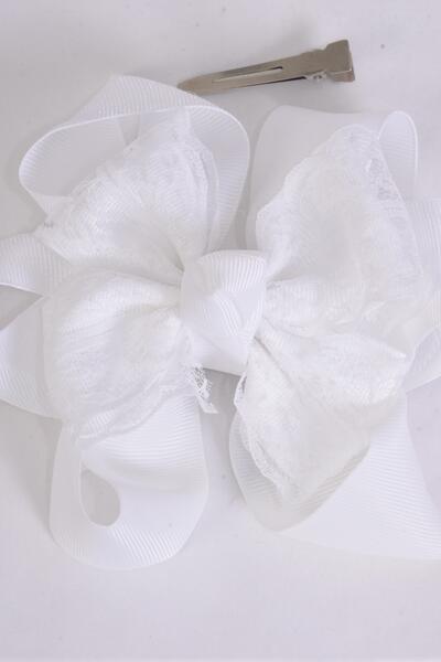 Hair Bow Jumbo Lace Double Layered Grosgrain Bow-tie White / 12 pcs Bow = Dozen White , Alligator Clip , Bow - 6" x 5" Wide , Clip Strip & UPC Code