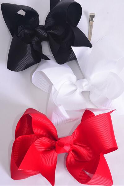 Hair Bow Jumbo Red White Black Mix Grosgrain Bow-tie / 12 pcs Bow = Dozen Alligator Clip , Size - 6" x 5" Wide , 4 Red , 4 White , 4 Black Color Mix , Clip Strip & UPC Code
