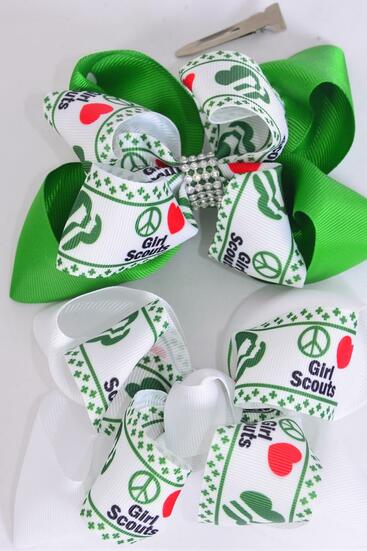 Hair Bow Jumbo Double Layered Girl Scouts Grosgrain Bow-tie / 12 pcs Bow = Dozen Girl Scout , Alligator Clip , Size - 6" x 5" Wide , 6 Green , 6 White Pattern Asst , Clip Strip & UPC Code