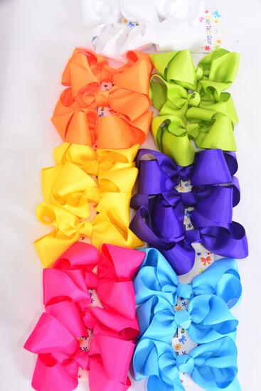 Hair Bows Large 36 pcs Grosgrain Bow-tie Citrus / 12 card = Dozen  Citrus , Alligator Clip , Bow Size - 4" x 3" , 2 White , 2 Fuchsia , 2 Purple , 2 Yellow , 2 Blue , 1 Lime , 1 Orange Color Asst