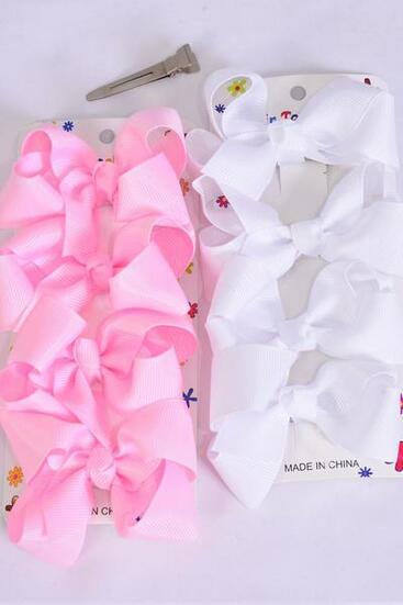 Hair Bows 48 pcs Grosgrain Bow-tie Baby Pink White Mix /  12 card = Dozen Alligator Clip , Bow Size - 3" x 2" Wide , 6 of each Color Asst , 4 pcs per card , 12 card = Dozen