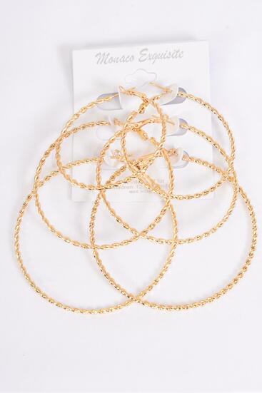 Earrings 3 Pair Metal Hoops Mix Gold / 36 pair = Dozen Post , Size - 1.75" , 2" , 2.5" Size Mix , Earring Card & OPP Bag & UPC Code , 3 pair per Card , 12 Card = Dozen