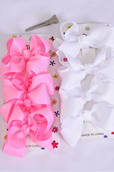Hair Bows 48 pcs Grosgrain Bow-tie Hot Pink White Mix /  12 card = Dozen Alligator Clip , Bow Size - 3" x 2" Wide , 6 of each Color Asst , 4 pcs per card , 12 card = Dozen