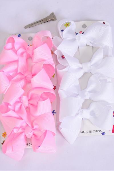 Hair Bows 48 pcs Grosgrain Bow-tie Baby Pink White Mix /  12 card = Dozen Alligator Clip , Bow Size - 3" x 2" Wide , 6 of each Color Asst , 4 pcs per card , 12 card = Dozen