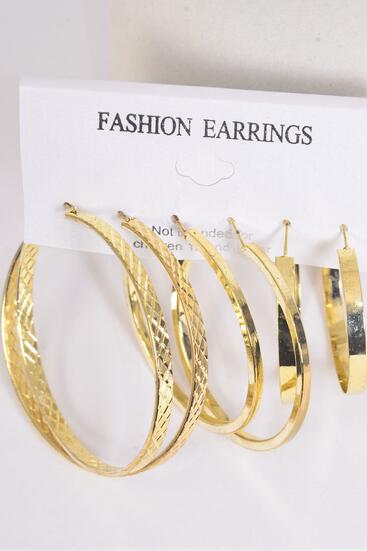 Earrings 3 pair Metal Hoops Mix Gold / 36 pair = Dozen  Post , Size - 1.75"  2.25"  2.5" Wide , 3 Size Mix , Earring Card & OPP Bag & UPC Code , 3 pair per Card ,12 Card = Dozen