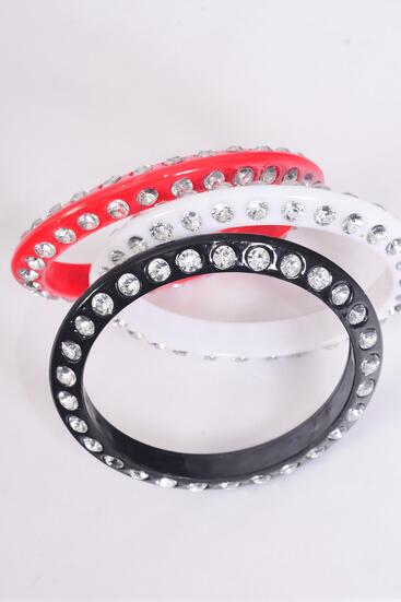 Bracelet Bangle Acrylic Stones 2 Sides All Around Red White Black Mix / 12 pcs = Dozen  Size - 3" Dia Wide , 4 Red , 4  White , 4 Black Mix , Hang Tag & Opp bag & UPC Code