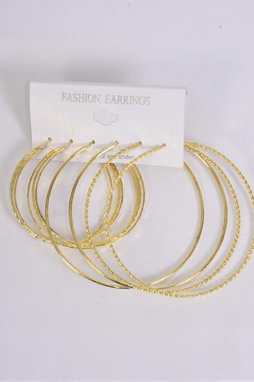 Earrings Gold 3 pair Metal Hoop Mix Designs Post / 36 pair = Dozen  Post , Hoop Sizes - 2" and 2.75" Wide , Earring Card & OPP Bag & UPC Code , 3 pair per card , 12 card = Dozen