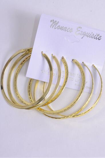Earrings 3 pair Metal Hoop Mix Pattern Gold / 36 pair = Dozen  Gold , Post , Size - 2.25" Wide , Earring Card & OPP Bag & UPC Code
