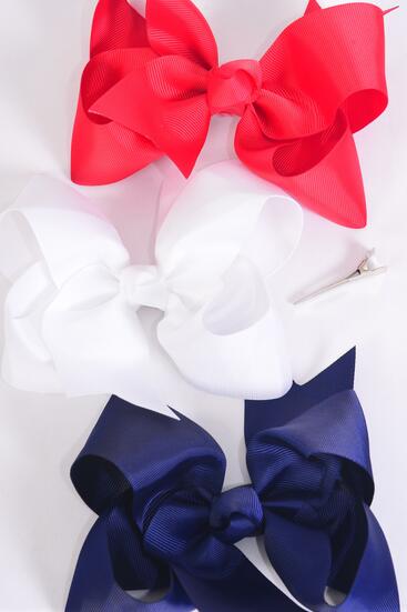 Hair Bow Jumbo Red White Navy Color Mix Grosgrain Bow-tie / 12 pcs Bow = Dozen Alligator Clip , Size - 6" x 5" Wide , 4 White , 4 Red , 4 Navy Color Mix , Clip Strip & UPC Code