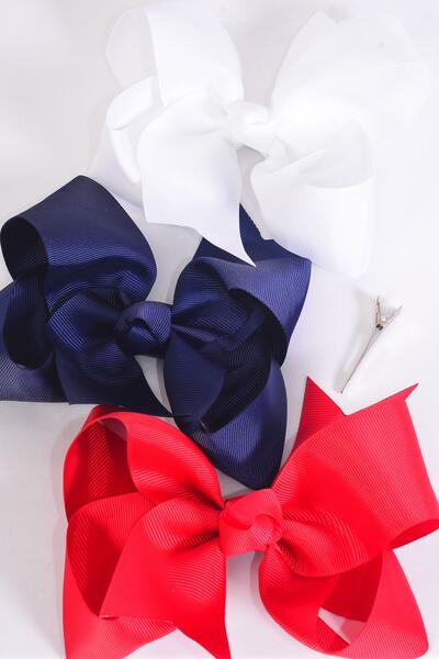 Hair Bow Jumbo Red White Navy Color Mix Grosgrain Bow-tie / 12 pcs Bow = Dozen Alligator Clip , Size - 6" x 5" Wide , 4 White , 4 Red , 4 Navy Color Mix , Clip Strip & UPC Code