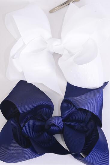 Hair Bow Jumbo Navy White Mix Grosgrain Bow-tie / 12 pcs Bow = Dozen Alligator Clip , Size - 6" x 5" Wide , 6 Navy , 6 White Color Asst , Clip Strip & UPC Code