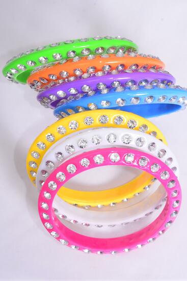 Bracelet Bangle Acrylic Clear Stones 2 Sides All Around Citrus / 12 pcs = Dozen Citrus , Size - 3" Dia Wide , 2 Purple , 2 Fuchsia , 2 Orange , 2 Lime , 2 Yellow , 1 Pink  , 1 Blue Color Asst , Hang Tag & Opp bag & UPC Code