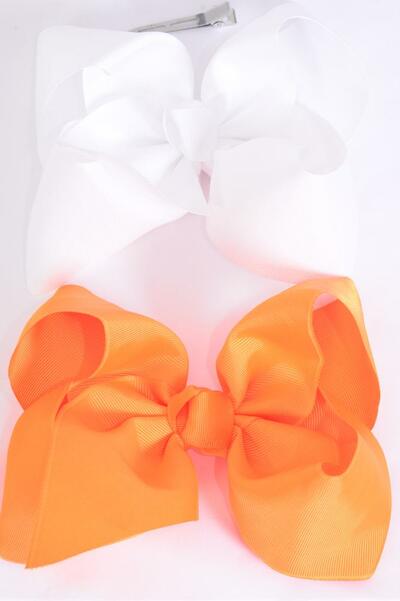 Hair Bow Jumbo Orange White Mix Grosgrain Bow-tie / 12 pcs Bow = Dozen  Alligator Clip , Size - 6" x 5" Wide , 6 Orange , 6 White Mix , Clip Strip & UPC Code