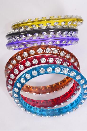Bracelet Bangle Acrylic Stones 2 Sides All Around Transparent / 12 pcs = Dozen Dark Transparent , Size - 3" Dia Wide , 2 Olive , 2 Purple , 2 Blue , 2 Bk , 2 Red , 2 Brown Color Asst , Hang Tag & Opp Bag & UPC Code