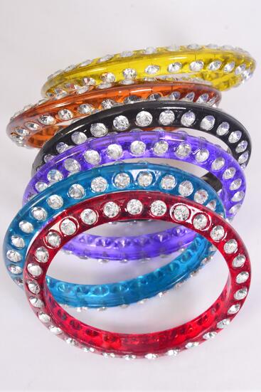 Bracelet Bangle Acrylic Clear Stones 2 Sides All Around / 12 pcs = Dozen Size - 2.75" Dia Wide , Choose Colors , Hang tag & Opp bag & UPC Code