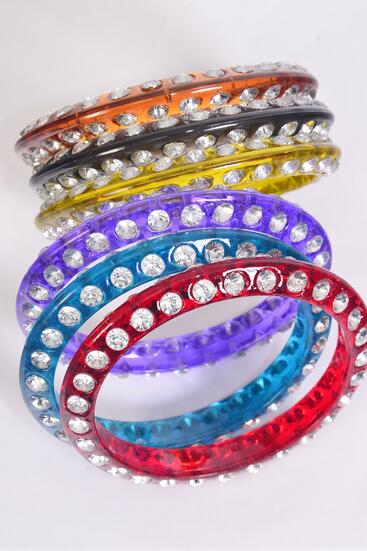Bracelet Bangle Acrylic Stones 2 Sides All Around Transparent / 12 pcs = Dozen Dark Transparent , Size - 3" Dia Wide , 2 Olive , 2 Purple , 2 Blue , 2 Bk , 2 Red , 2 Brown Color Asst , Hang Tag & Opp Bag & UPC Code