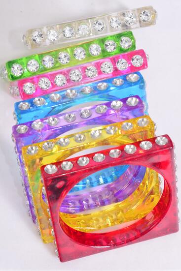 Bracelet Bangle Acrylic Square Clear Stones All Around Transparent / 12 pcs = Dozen  Transparent , Size - 2.75" Dia , 2 Yellow , 2 Clear , 2 Lime , 2 Blue , 2 Hot Pink , 1 Lavender , 1 Red Color Asst , Hang Tag & Opp Bag & UPC Code