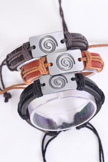 Bracelet Real Leather Band Celtic Spiral Symbol / 12 pcs = Dozen Unisex , Adjustable , 4 of each Pattern Mix , Individual Hang tag & OPP Bag & UPC Code