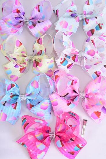 Hair Bow Jumbo Cupcake Mix Grosgrain Bow-tie Pastel /  12 pcs Bow = Dozen Alligator Clip , Size - 6" x 5" Wide , 2 White , 2 Baby Pink , 2 Lavender , 2 Hot Pink , 2 Mint , 1 Blue  , 1 Yellow Asst , Clip Strip & UPC Code