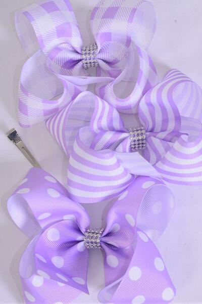 Hair Bow Jumbo Plaid Polka dots Stripe Mix Grosgrain Bow-tie Lavender / 12 pcs Bow = Dozen Lavender , Alligator Clip , Bow - 6" x 5" Wide , 4 of each Pattern Asst , Clip Strip & UPC Code