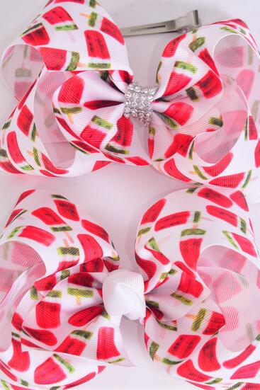 Hair Bow Jumbo Watermelon Popsicle Grosgrain Bow-tie / 12 pcs Bow = Dozen Alligator Clip , Size - 6" x 5" Wide , 6 of each Pattern Asst , Clip Strip & UPC Code