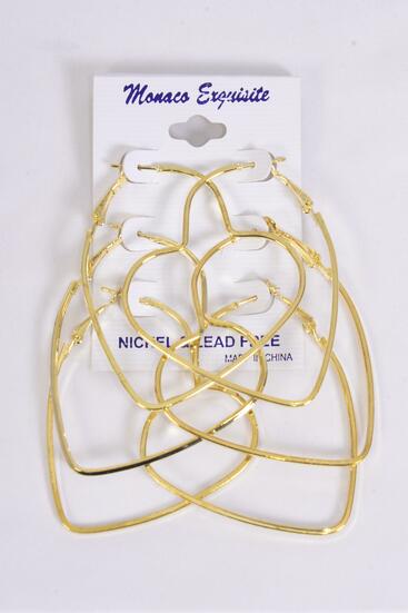 Earrings Metal 3 pair Hearts Gold / 12 card = Dozen  Post , Size - 2" x 2" Wide , Earring Card & OPP Bag & UPC Code , 3 pair per card , 12 card = Dozen