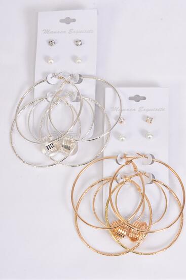 Earrings 4 pair Metal Hoop Moving Ball Studs Miix / 48 pair = Dozen  Post , Loop Size - 2.25" Wide , 6 Gold , 6 Silver Mix , Earring Card & OPP Bag & UPC Code , 4 pair per card , 12 card = Dozen 