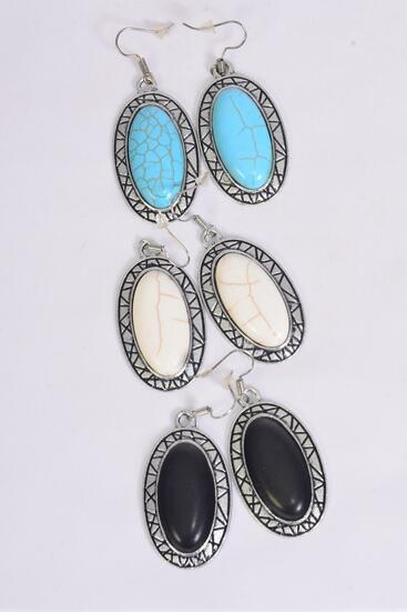 Earrings Metal Antique Oval Semiprecious Stone / 12 pair = Dozen Fish Hook , Size - 125" x 1.25" Wide , 4 Black , 4 Ivory , 4 Turquoise Asst , Earring Card & OPP Bag & UPC Code -
