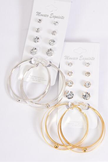 Earrings 5 Pair Metal Hoop w Acrylic Clear Studs Post / 60 pair = Dozen Post , Hoop - 2" Wide , Studs - 3  4  6  8 mm Graduate , 6 Gold , 6 Silver Mix , Earring Card & Opp bag & UPC Code , 5 Pair per Card , 12 Card = Dozen