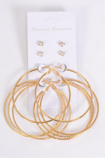 Earrings 4 Pair Metal Hoop Studs Mix Gold / 48 pair = Dozen  Gold , Post , Hoop Size - 2.25" Wide , Earring Card & OPP bag & UPC Code , 4 pair per card , 12 card = Dozen