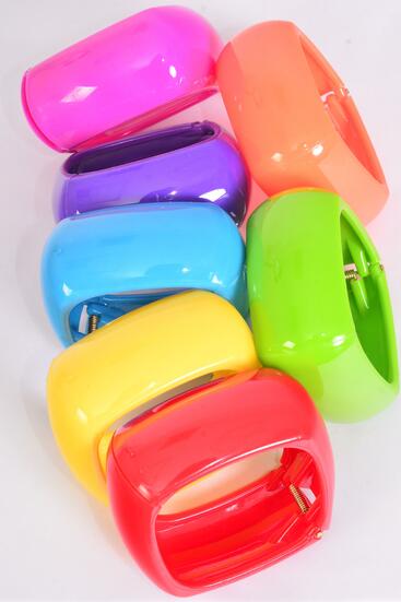 Bracelet Bangle Acrylic Hinge Square Multi / 12 pcs = Dozen Multi , Size - 2.75" x 1.25"  Wide , 2 Red , 2 Fuchsia , 2 Yellow , 2 Blue , 2 Purple , 1 Lime , 1 Orange Color Asst , Hang Tag & OPP Bag & UPC Code