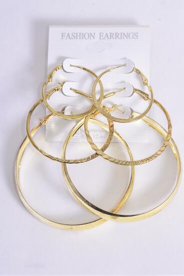 Earrings 3 pair Metal Hoop Shape and Size Mix Gold / 36 pair = Dozen Post , Size - 1.75" , 2" , 2.25" Mix , Earring Card & OPP Bag & UPC Code , 3 pair per Card ,12 Card = Dozen