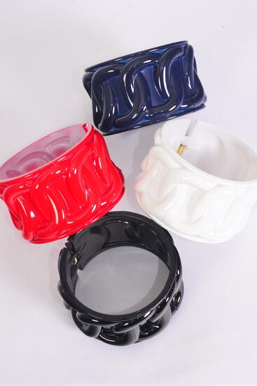 Bracelet Bangle Acrylic Wide Hinge Chain Pattern Red White Ny Black Mix / 12 pcs = Dozen  Hinge , Size - 2.75" x 2" Dia Wide , 3 Red , 3 White , 3 Black , 3 Navy Mix , Hang Tag & OPP bag & UPC Code