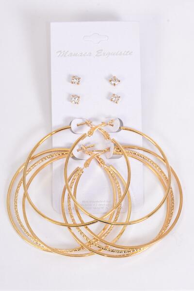 Earrings 4 Pair Metal Hoop Studs Mix Gold / 48 pair = Dozen  Gold , Post , Hoop Size - 2.25" Wide , Earring Card & OPP bag & UPC Code , 4 pair per card , 12 card = Dozen