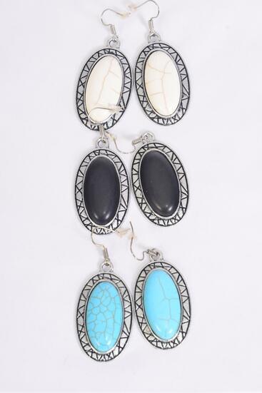 Earrings Metal Antique Oval Semiprecious Stone / 12 pair = Dozen Fish Hook , Size - 125" x 1.25" Wide , 4 Black , 4 Ivory , 4 Turquoise Asst , Earring Card & OPP Bag & UPC Code -