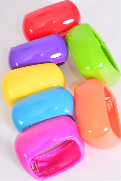 Bracelet Bangle Acrylic Hinge Square Multi / 12 pcs = Dozen Multi , Size - 2.75"x 1.25"  Wide , 2 Red , 2 Fuchsia , 2 Yellow , 2 Blue , 2 Purple , 1 Lime , 1 Orange Color Asst , Hang Tag & OPP Bag & UPC Code