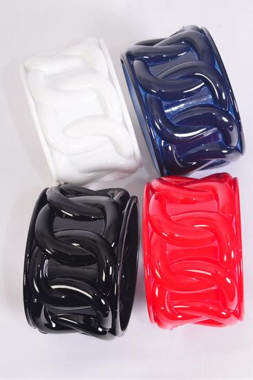 Bracelet Bangle Acrylic Hinge Chain Pattern Red White Ny Black Color Mix / 12 pcs = Dozen  Hinge , Size - 2.75" x 1.75" Dia Wide , 3 Red , 3 White , 3 Black , 3 Navy Color Mix , Hang Tag & OPP bag & UPC Code
