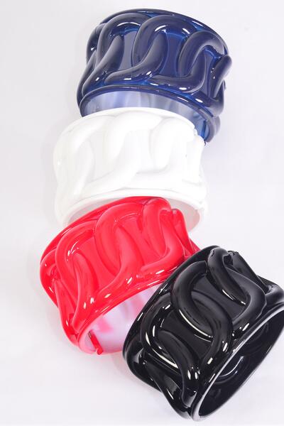 Bracelet Bangle Acrylic Wide Hinge Chain Pattern Red White Ny Black Mix / 12 pcs = Dozen  Hinge , Size - 2.75" x 2" Dia Wide , 3 Red , 3 White , 3 Black , 3 Navy Mix , Hang Tag & OPP bag & UPC Code