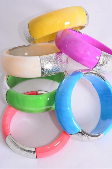 Bracelet Bangle Acrylic Marble Look Silver Trim pastel Color Mix / 12 pcs = Dozen Multi , Size - 2.75" x 1" Wide , 2 of each Color Asst , Hang Tag & Opp bag & UPC Code