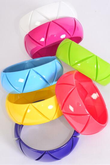 Bracelet Bangle Acrylic Carve Multi / 12 pcs = Dozen Multi , Size - 2.75 x 1" Dia Wide , 2 Purple , 2 Yellow , 2 Blue , 2 Fuchsia , 2 White , 1 Coral , 1 Lime Color Asst , hang Tag & Opp Bag & UPC Code