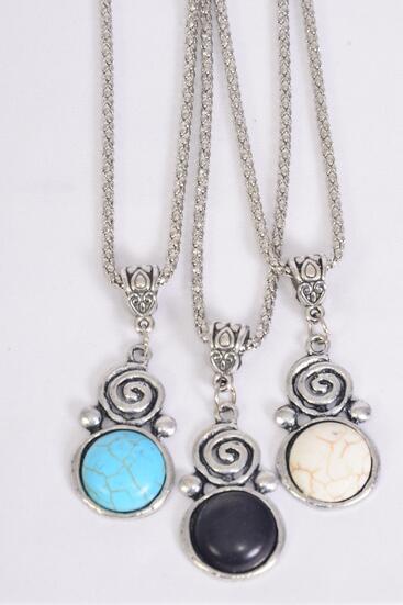 Necklace Silver Chain Metal Antique Celtic Spiral Symbol Semiprecious Stone / 12 pcs = Dozen Pendant - 1.25" x 0.85" Wide , Chain-18" Extension Chain , 4 Ivory , 4 Black , 4 Turquoise Color Asst , Hang Tag & OPP Bag & UPC Code