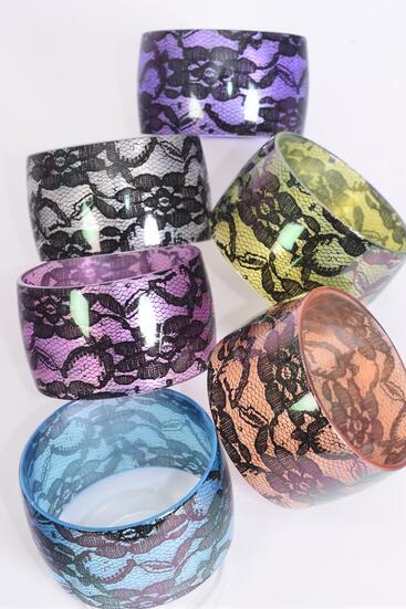 Bracelet Bangle Wide Acrylic Silky Pearl Lace Flower Print Pastel / 12 pcs = Dozen  Size - 2.75" x 1.75" Dia Wide , 2 of each Color Asst , Hang tag & Opp Bag & UPC Code 