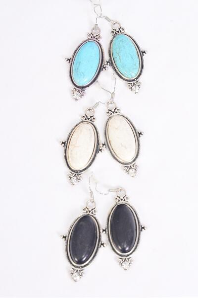 Earrings Metal Antique Oval Semiprecious Stone / 12 pair = Dozen match 76019 Fish Hook , Size - 1.75" x 1" Wide , 4 Black , 4 Ivory , 4 Turquoise Color Asst , Earring Card & OPP Bag & UPC Code