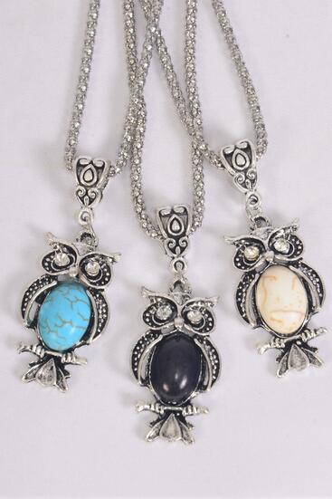 Necklace Silver Chain Owl Semiprecious Stone / 12 pcs = Dozen match 25004 02661 Pendant-1.5" x 0.75" Wide , Chain-18" Extension Chain , 4 Ivory , 4 Black , 4 Turquoise Color Ass , Hang Tag & OPP Bag & UPC Code