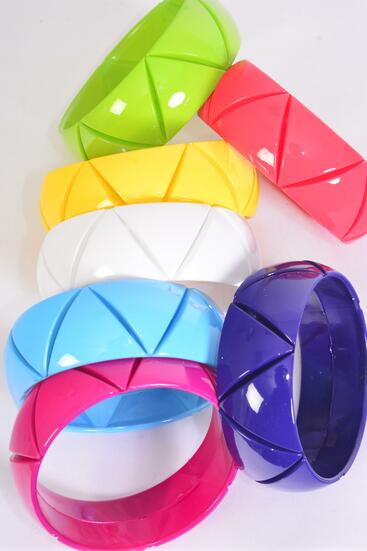 Bracelet Bangle Acrylic Carve Multi / 12 pcs = Dozen Multi , Size - 2.75 x 1" Dia Wide , 2 Purple , 2 Yellow , 2 Blue , 2 Fuchsia , 2 White , 1 Coral , 1 Lime Color Asst , hang Tag & Opp Bag & UPC Code