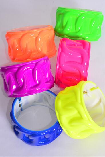 Bracelet Bangle Acrylic Wide Hinge Chain Pattern Multi / 12 pcs = Dozen  Neon , Hinge , Size - 2.75" x 2" Dia Wide , 2 of each Color Asst , Hang Tag & Opp bag & UPC Code