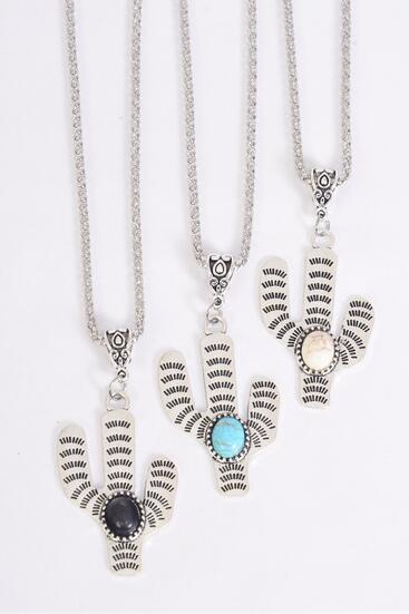 Necklace Silver Chain Metal Antique Cactus Semiprecious Stone / 12 pcs = Dozen Match 03135 Pendant - 1.75" x 1.25" Wide , Chain - 18" Extension Chain , 4 Ivory , 4 Black , 4 Turquoise Color Asst , Hang Tag & OPP Bag & UPC Code