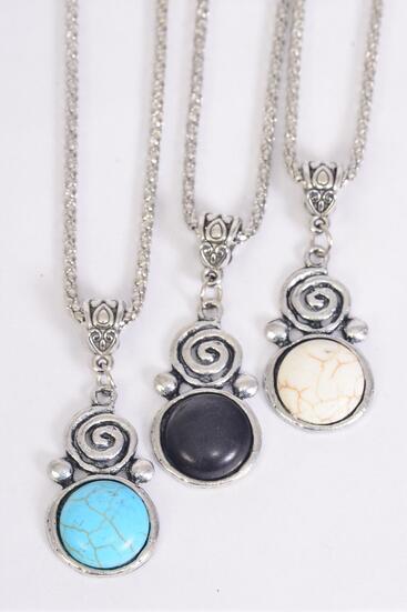 Necklace Silver Chain Metal Antique Celtic Spiral Symbol Semiprecious Stone / 12 pcs = Dozen Pendant - 1.25" x 1" Wide , Chain-18" Extension Chain , 4 Ivory , 4 Black , 4 Turquoise Color Asst , Hang Tag & OPP Bag & UPC Code