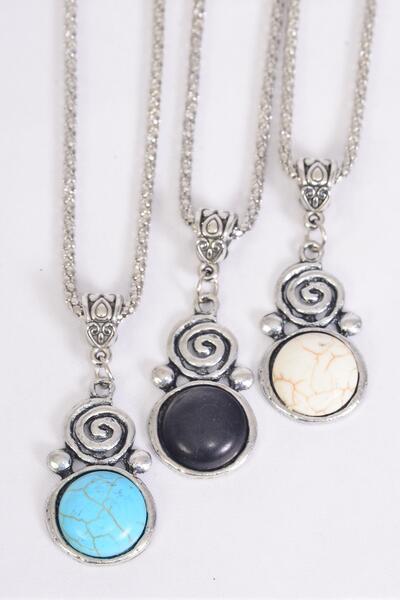 Necklace Silver Chain Metal Antique Celtic Spiral Symbol Semiprecious Stone / 12 pcs = Dozen Pendant - 1.25" x 1" Wide , Chain-18" Extension Chain , 4 Ivory , 4 Black , 4 Turquoise Color Asst , Hang Tag & OPP Bag & UPC Code